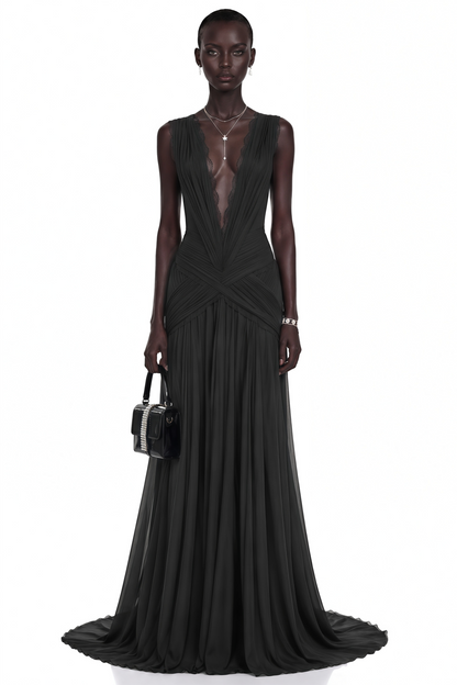 Jasmine Black Plunge Neck Ruched Maxi Dress