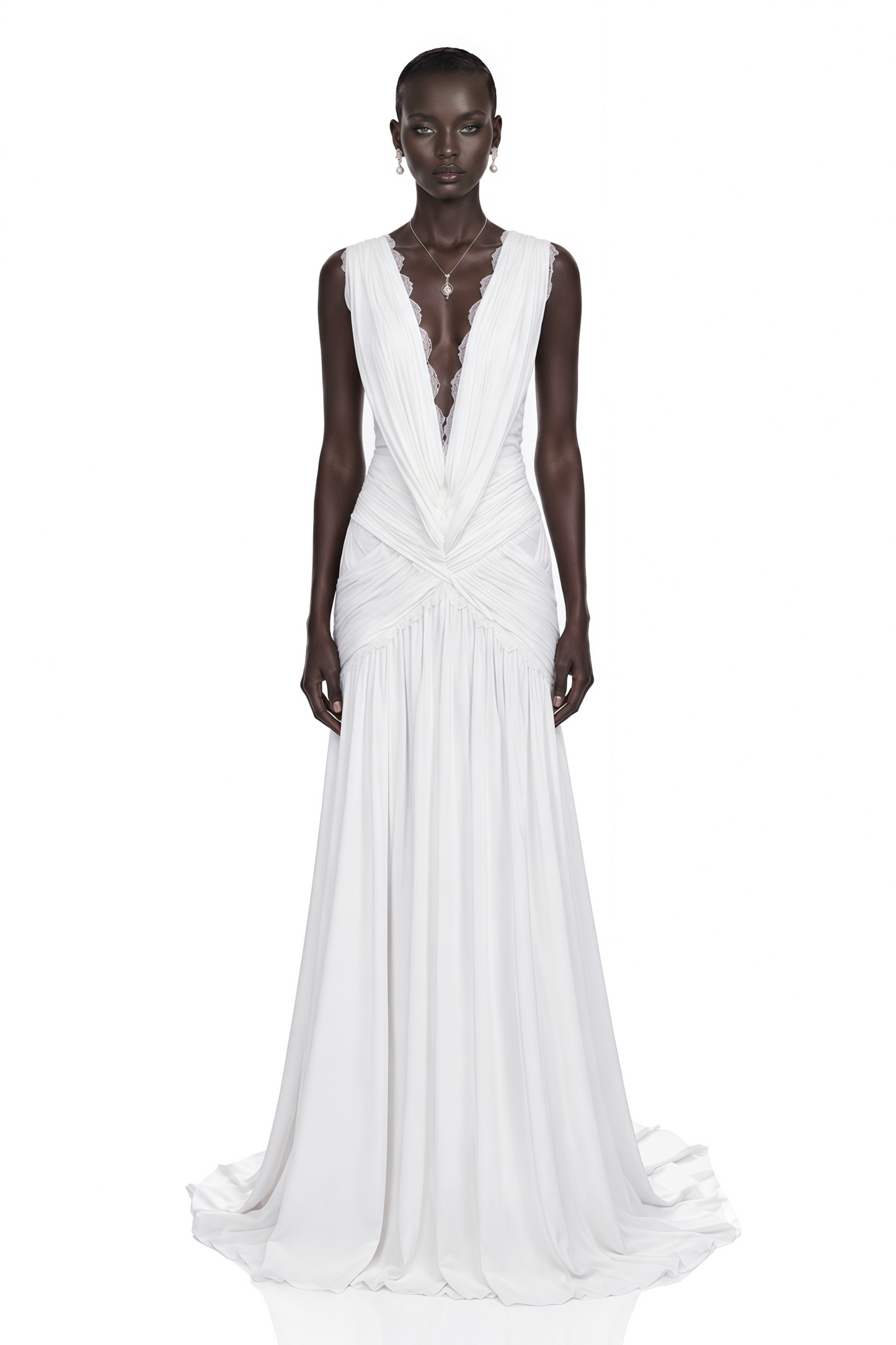 Jasmine White Plunge Neck Ruched Maxi Dress