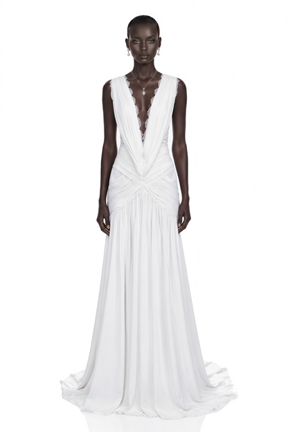 Jasmine White Plunge Neck Ruched Maxi Dress
