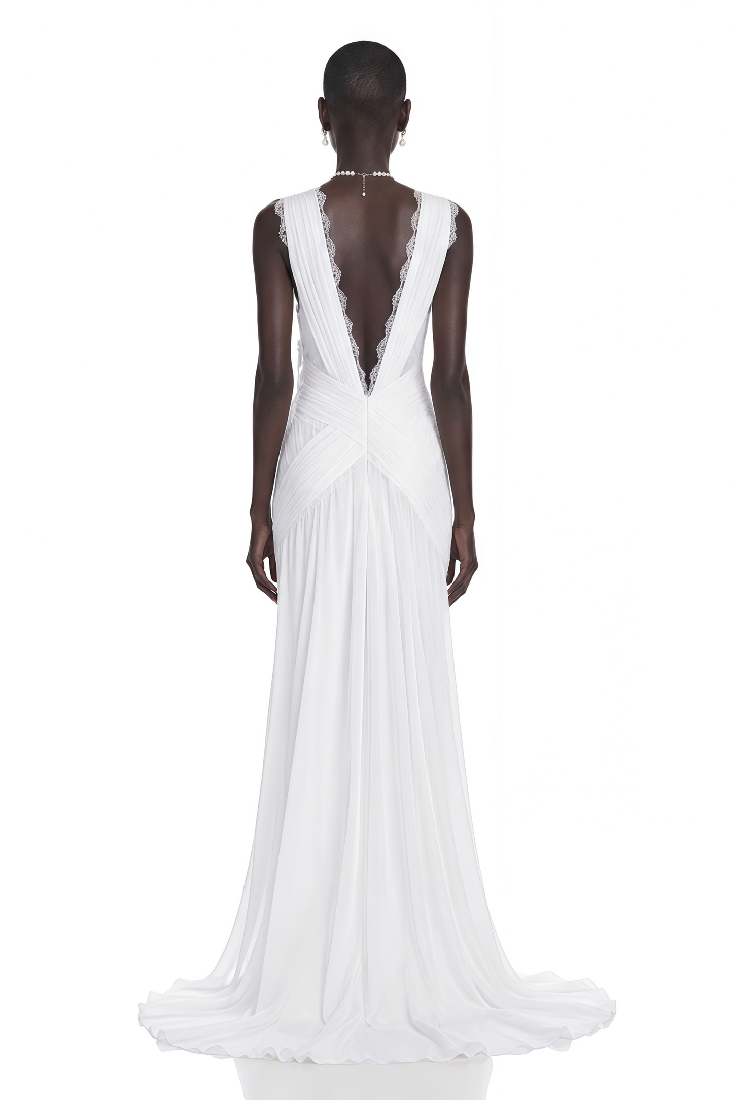 Jasmine White Plunge Neck Ruched Maxi Dress