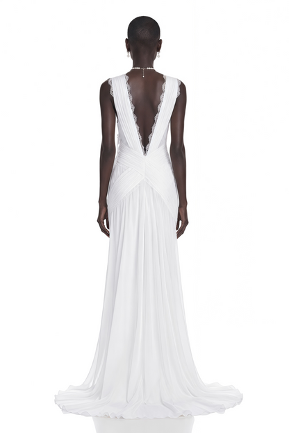 Jasmine White Plunge Neck Ruched Maxi Dress