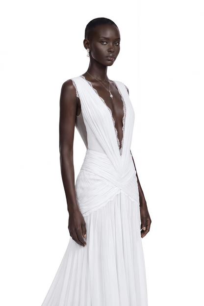 Jasmine White Plunge Neck Ruched Maxi Dress