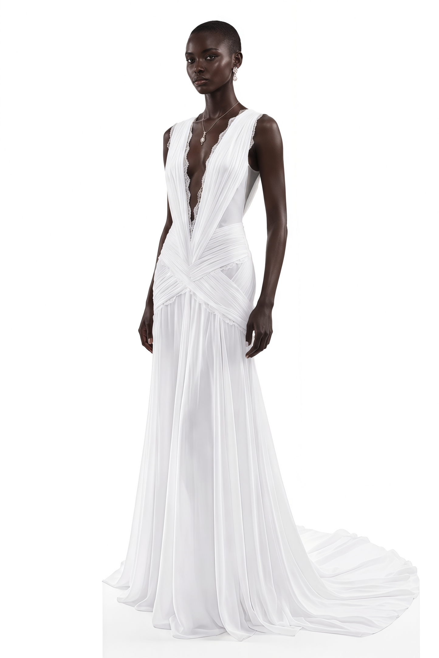 Jasmine White Plunge Neck Ruched Maxi Dress