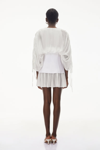Jasmine White V-Neck Ruched Mini Dress