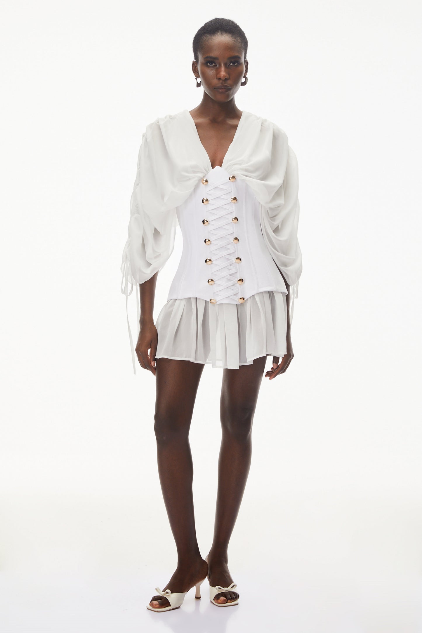 Jasmine White V-Neck Ruched Mini Dress