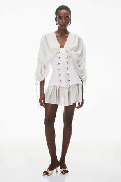 Jasmine White V-Neck Ruched Mini Dress