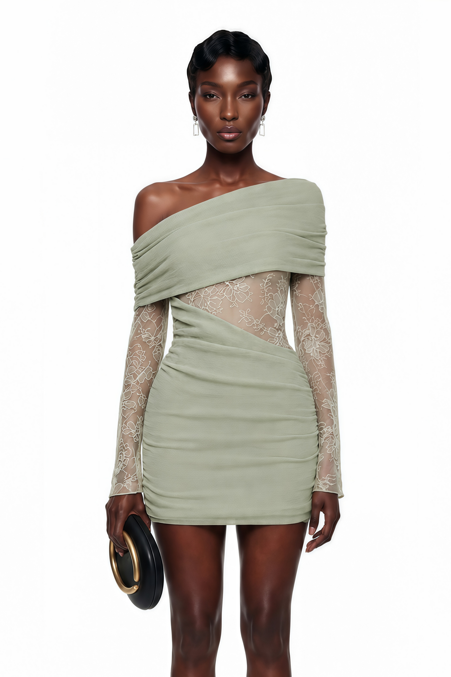 Jeanne Green One Shoulder Mini Dress with Lace Panels