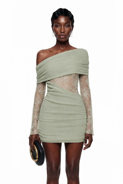 Jeanne Green One Shoulder Mini Dress with Lace Panels