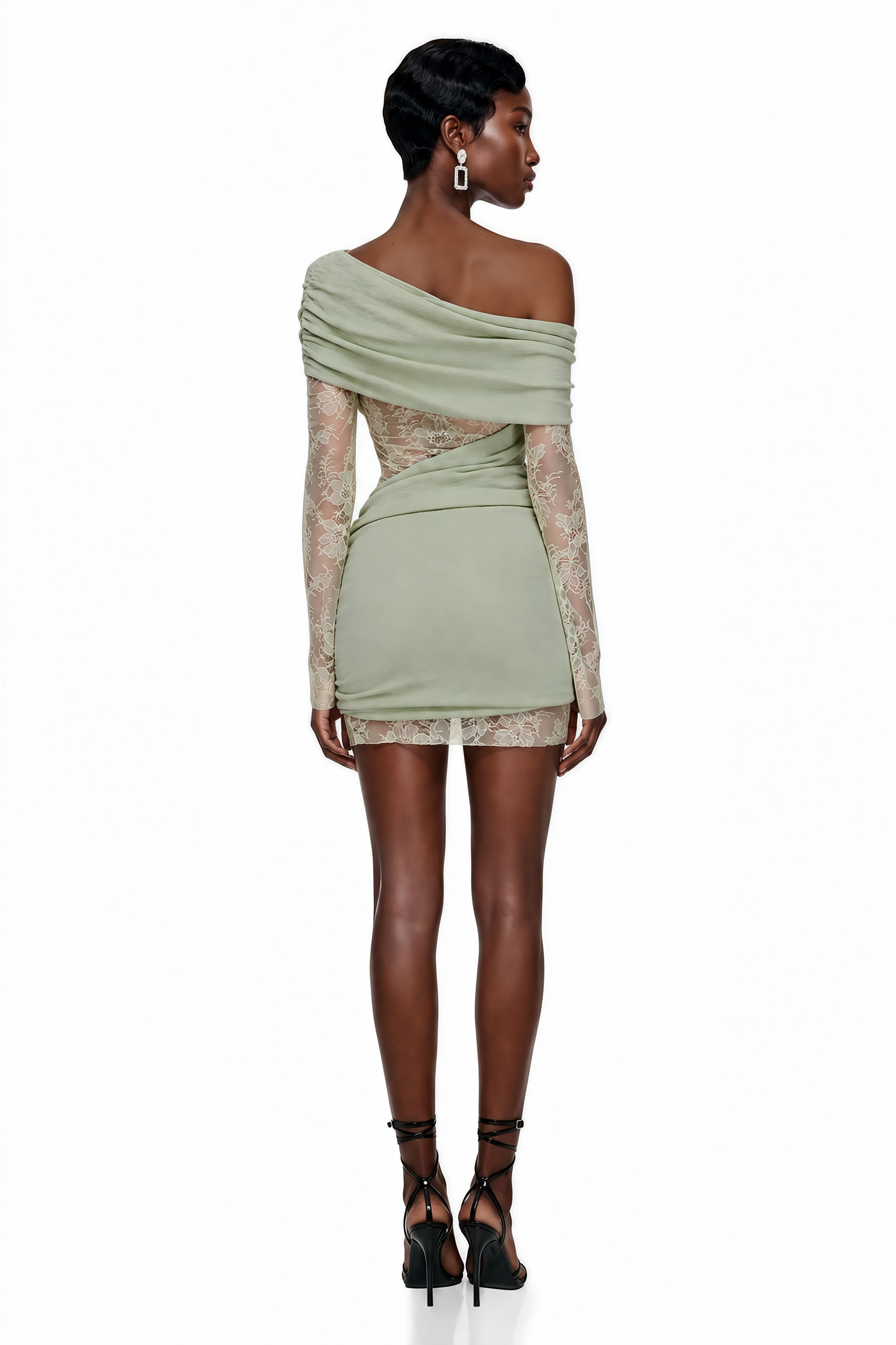 Jeanne Green One Shoulder Mini Dress with Lace Panels