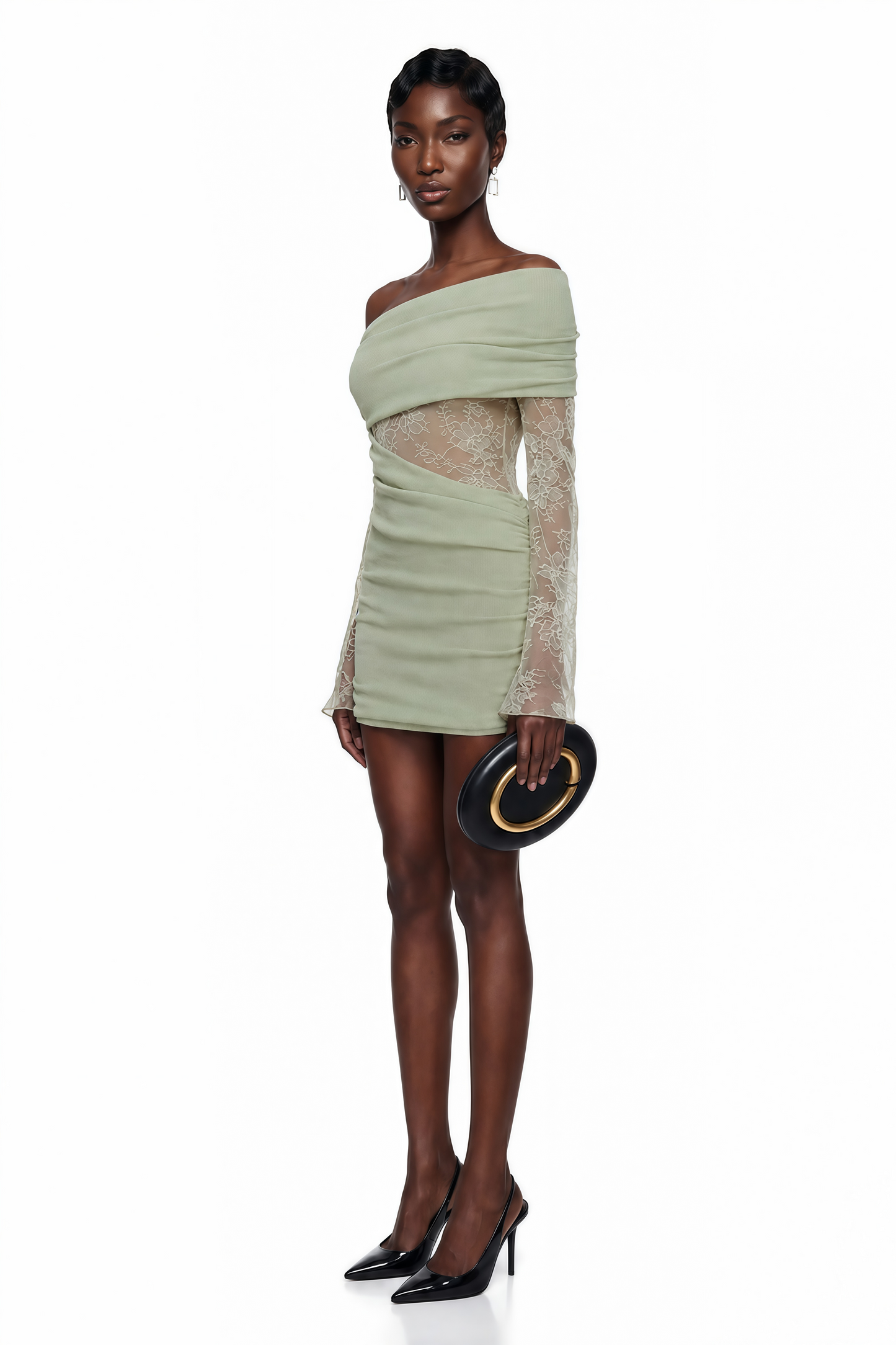 Jeanne Green One Shoulder Mini Dress with Lace Panels