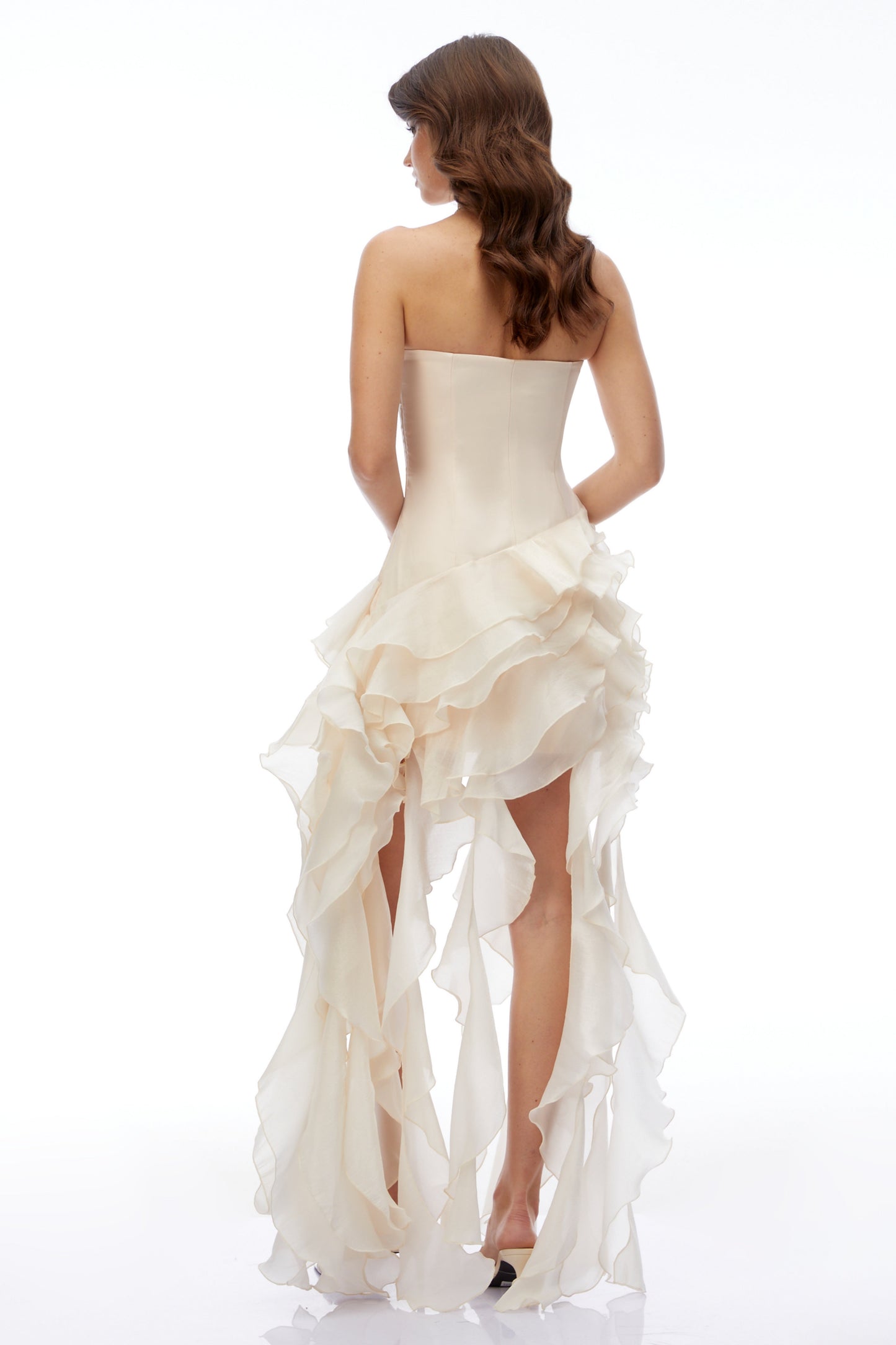 Lunetta Champagne Strapless Ruffled Satin Maxi Dress