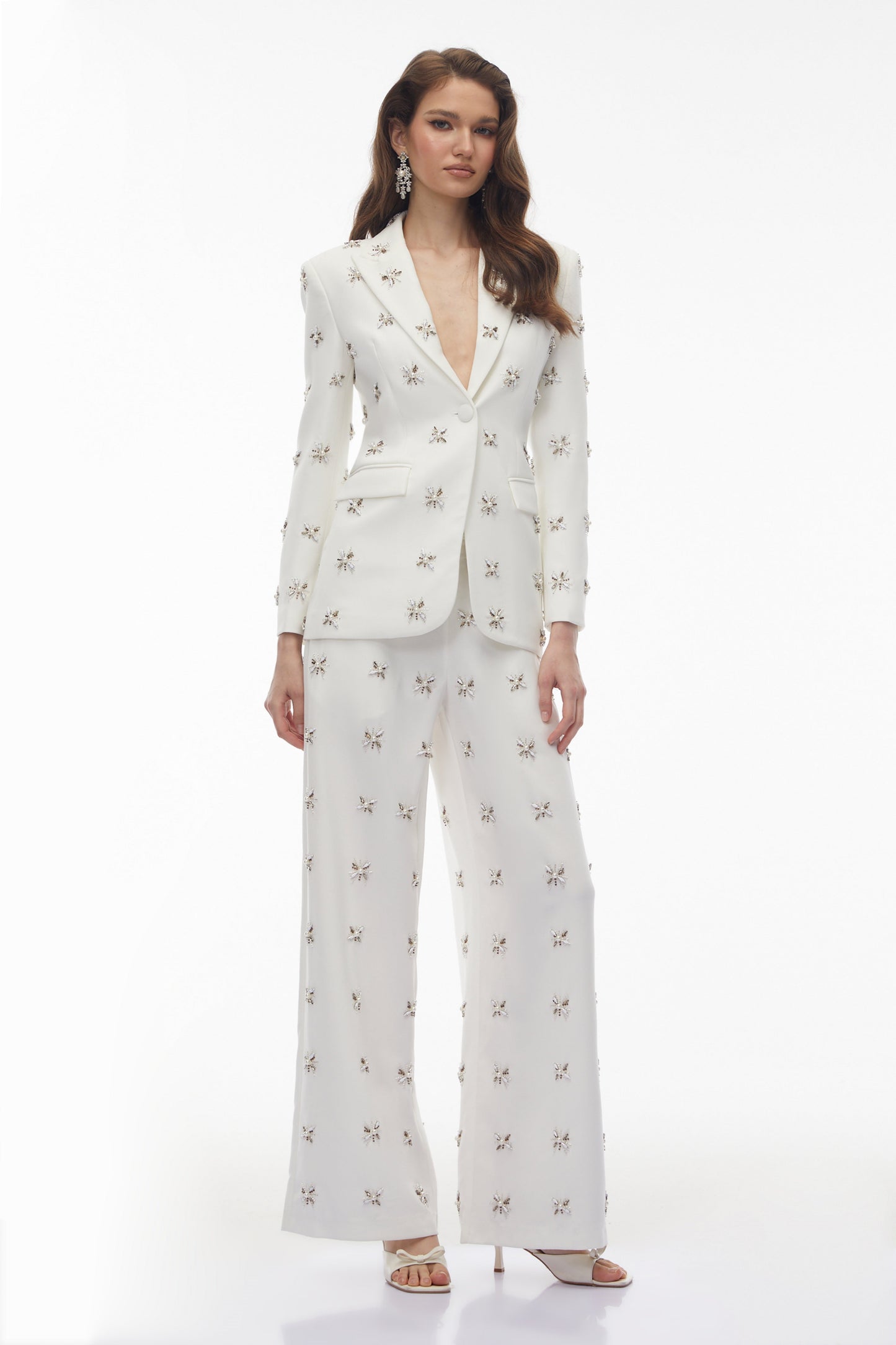 Jessica White Crystal Beaded Blazer & Trousers Set