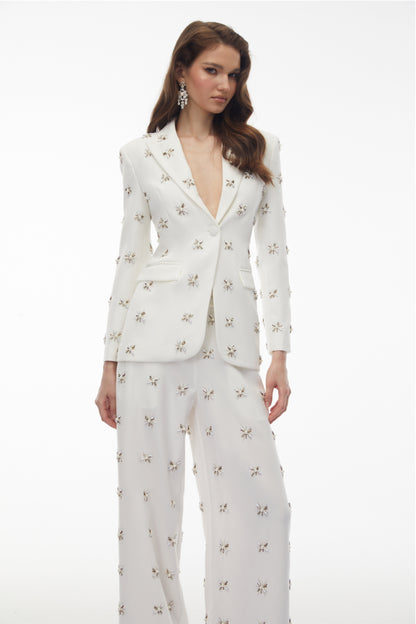 Jessica White Crystal Beaded Blazer & Trousers Set