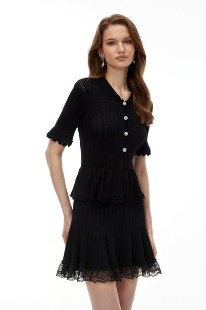 Jocasta Black Stretch Knit Lace Mini Dress