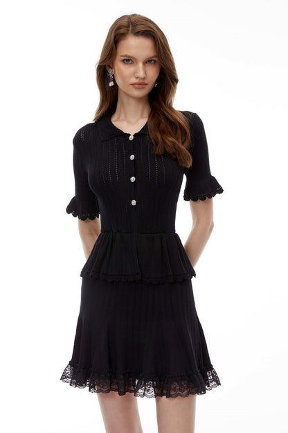 Jocasta Black Stretch Knit Lace Mini Dress