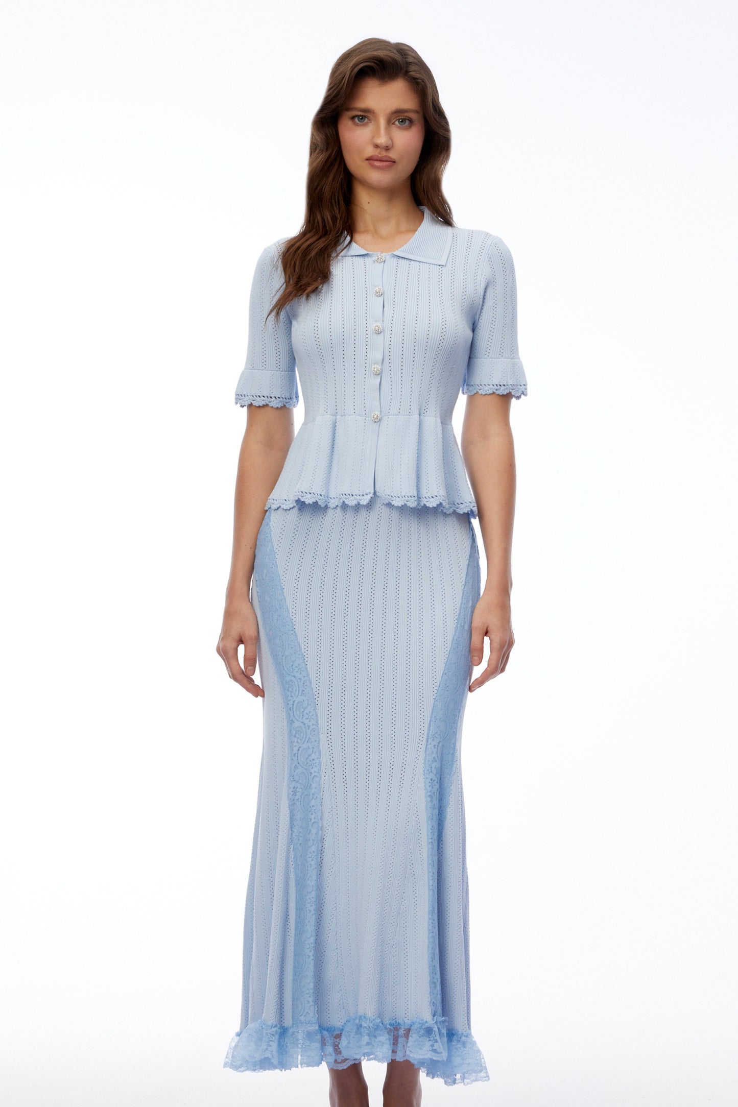 Jocasta Blue Stretch Lace Knit Midi Dress