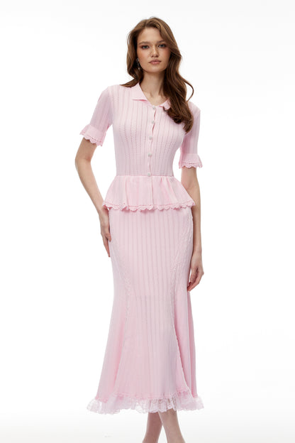 Jocasta Pink Stretch Lace Knit Midi Dress