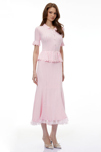 Jocasta Pink Stretch Lace Knit Midi Dress