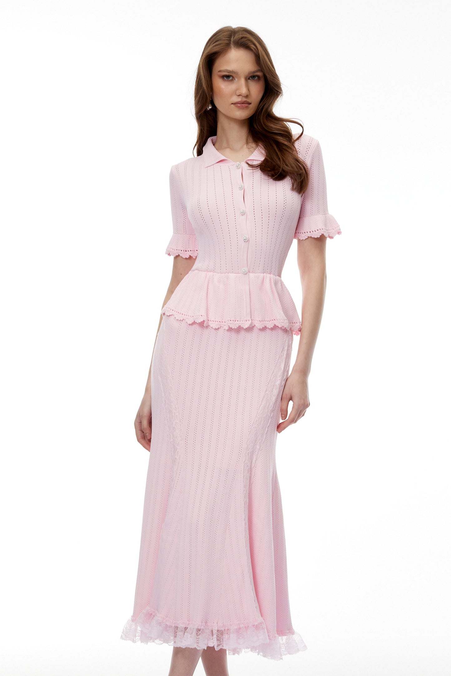 Jocasta Pink Stretch Lace Knit Midi Dress