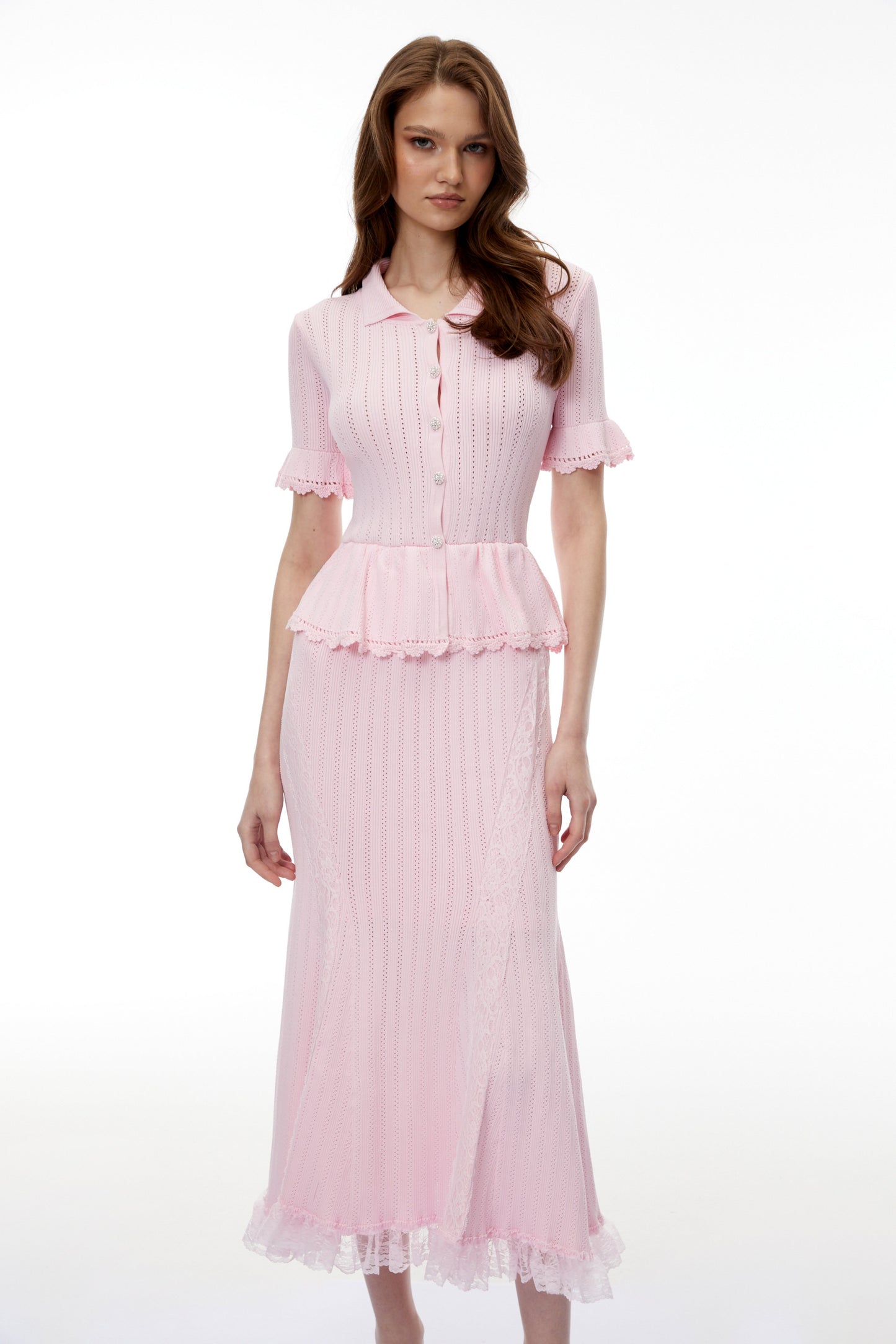 Jocasta Pink Stretch Lace Knit Midi Dress