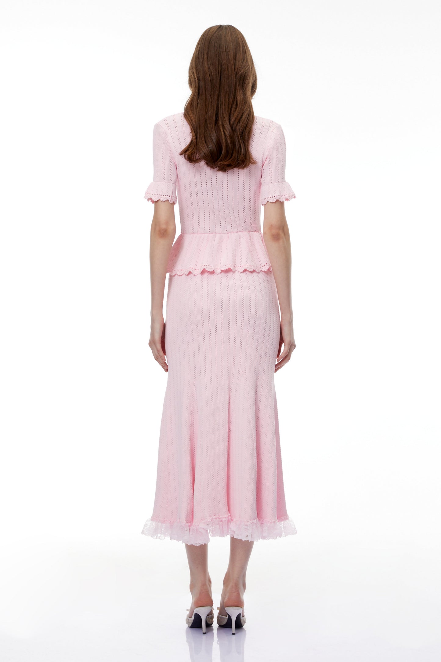Jocasta Pink Stretch Lace Knit Midi Dress