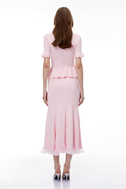 Jocasta Pink Stretch Lace Knit Midi Dress