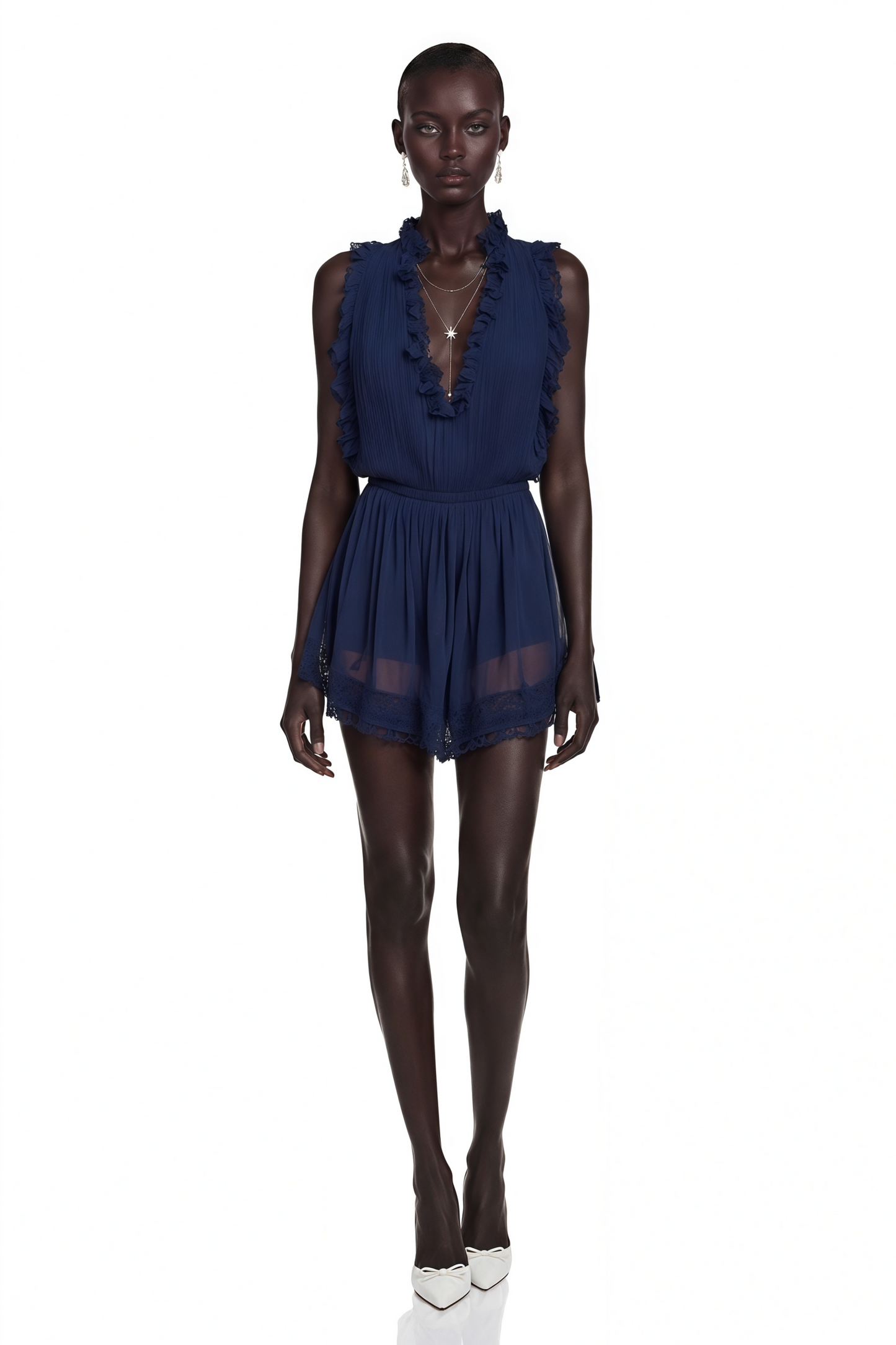 Jocelyn Navy Blue V-Neck Lace Mini Dress with Ruffled Trim