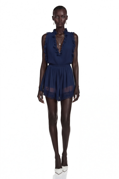 Jocelyn Navy Blue V-Neck Lace Mini Dress with Ruffled Trim