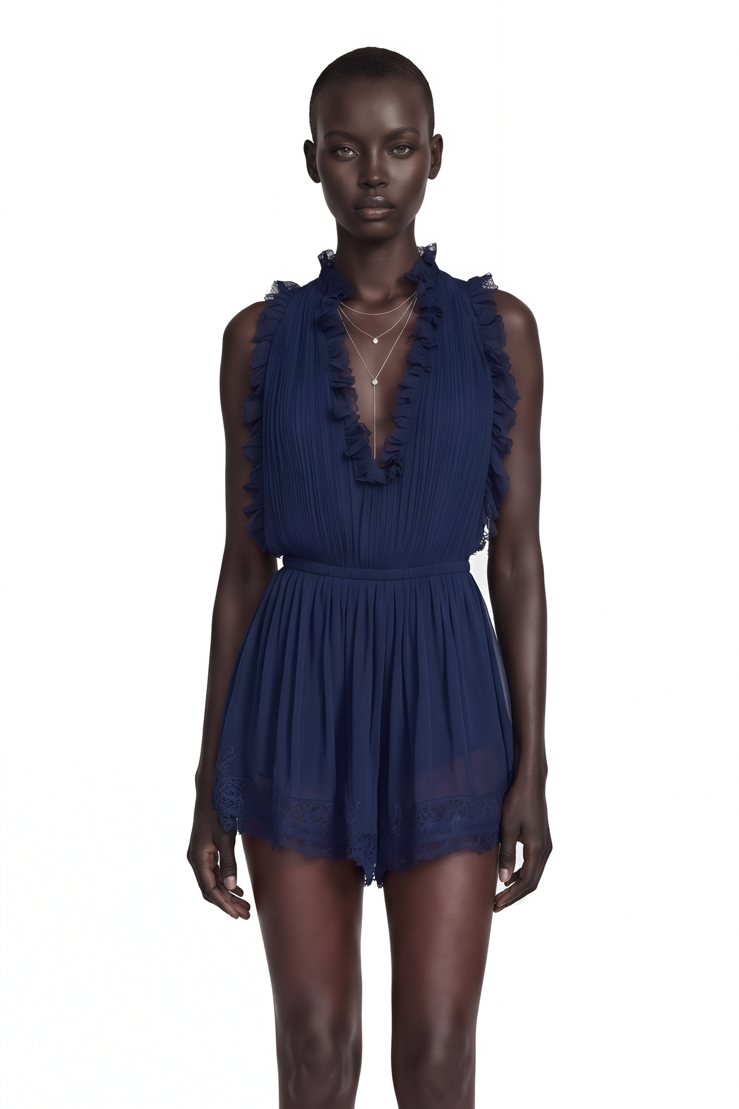 Jocelyn Navy Blue V-Neck Lace Mini Dress with Ruffled Trim