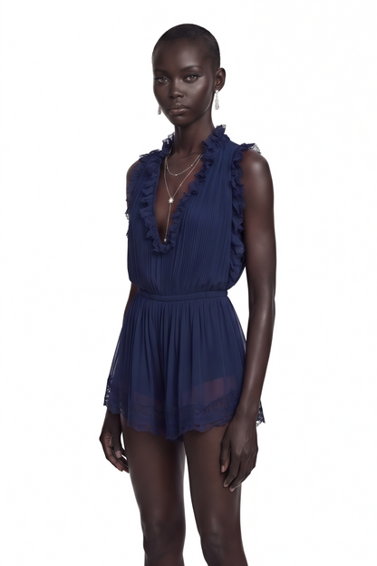 Jocelyn Navy Blue V-Neck Lace Mini Dress with Ruffled Trim