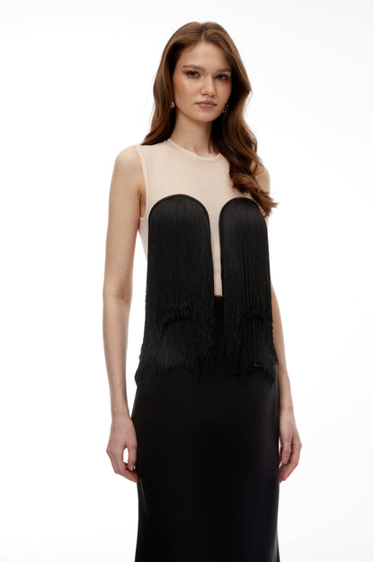 Jochebed Black Semi-Sheer Maxi Dress with Tassels