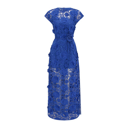 Jochebed Blue Floral Appliqué Maxi Dress with Cut-Outs