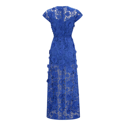 Jochebed Blue Floral Appliqué Maxi Dress with Cut-Outs