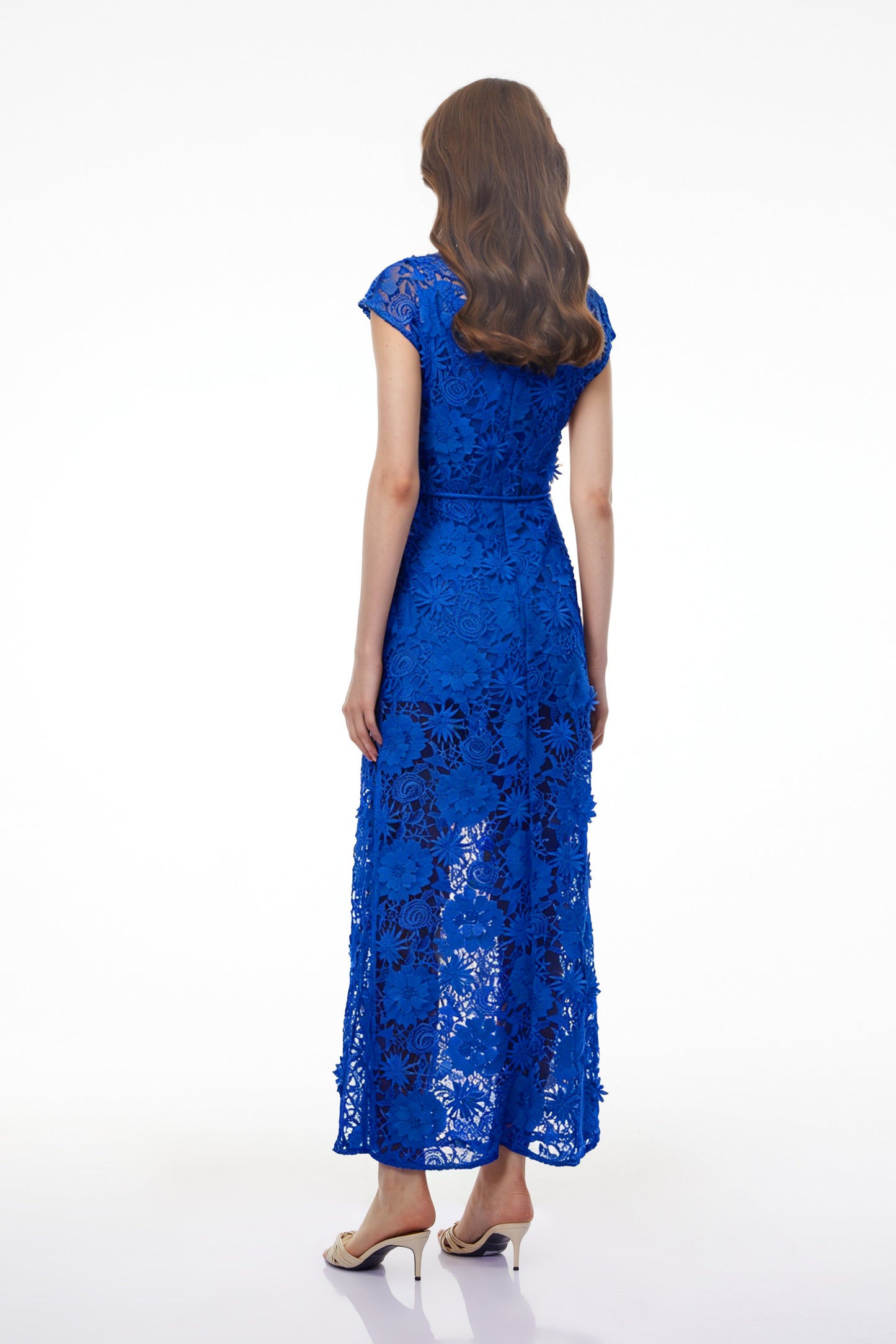 Jochebed Blue Floral Appliqué Maxi Dress with Cut-Outs