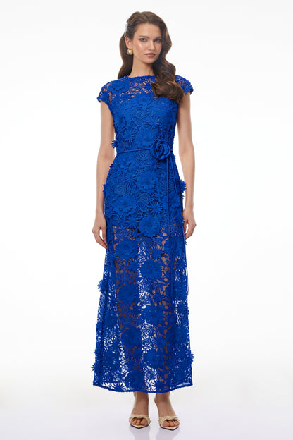 Jochebed Blue Floral Appliqué Maxi Dress with Cut-Outs