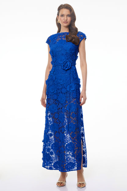 Jochebed Blue Floral Appliqué Maxi Dress with Cut-Outs