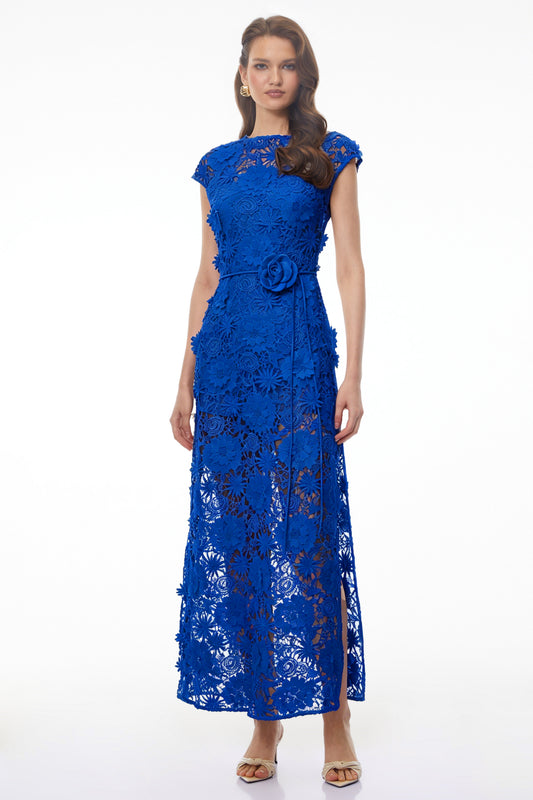 Jochebed Blue Floral Appliqué Maxi Dress with Cut-Outs