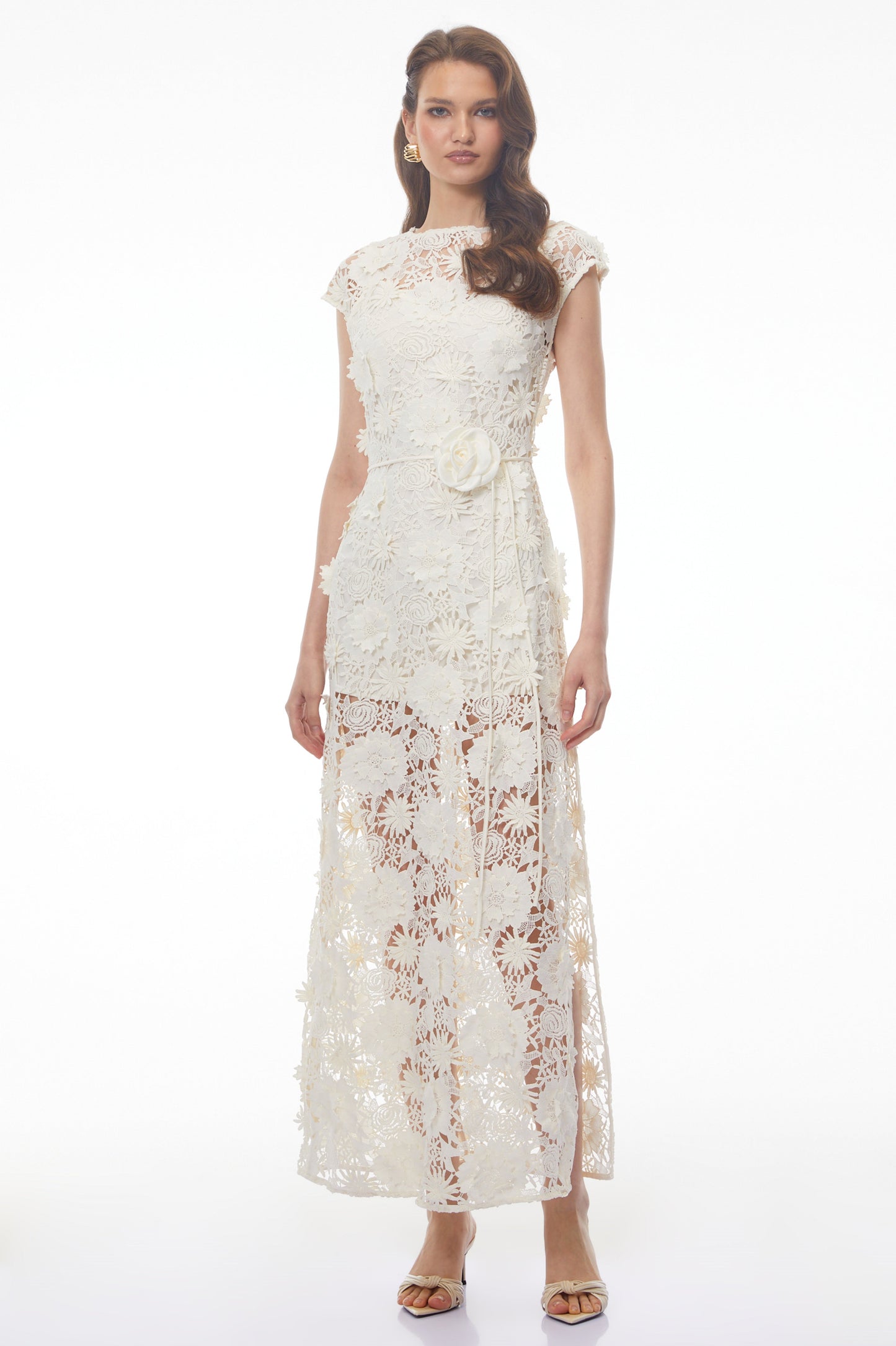 Jochebed White Floral Appliqué Maxi Dress witn Cut-Outs