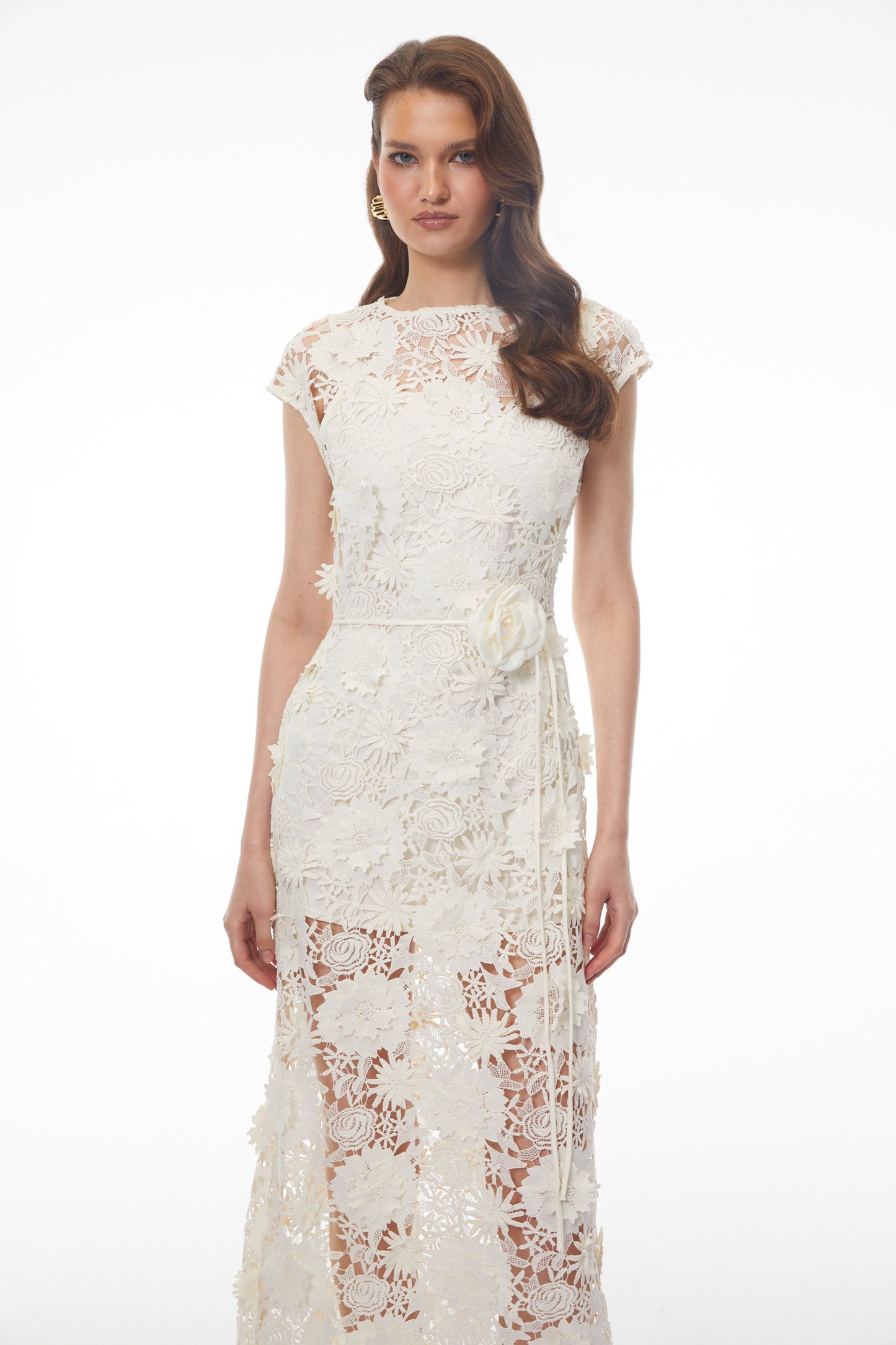Jochebed White Floral Appliqué Maxi Dress witn Cut-Outs