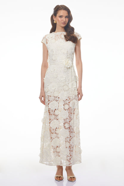 Jochebed White Floral Appliqué Maxi Dress witn Cut-Outs