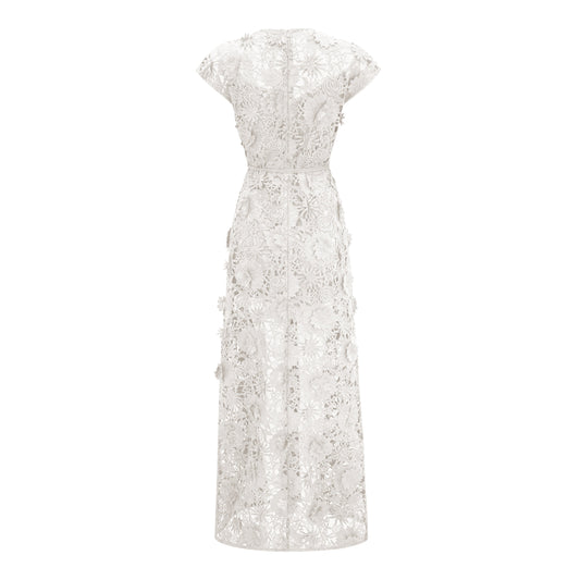 Jochebed White Floral Appliqué Maxi Dress witn Cut-Outs