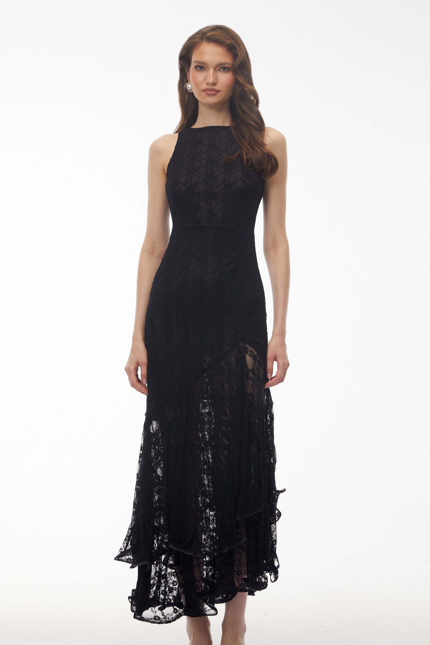 Jonah Black Lace Panel Ruffled Midi Dress