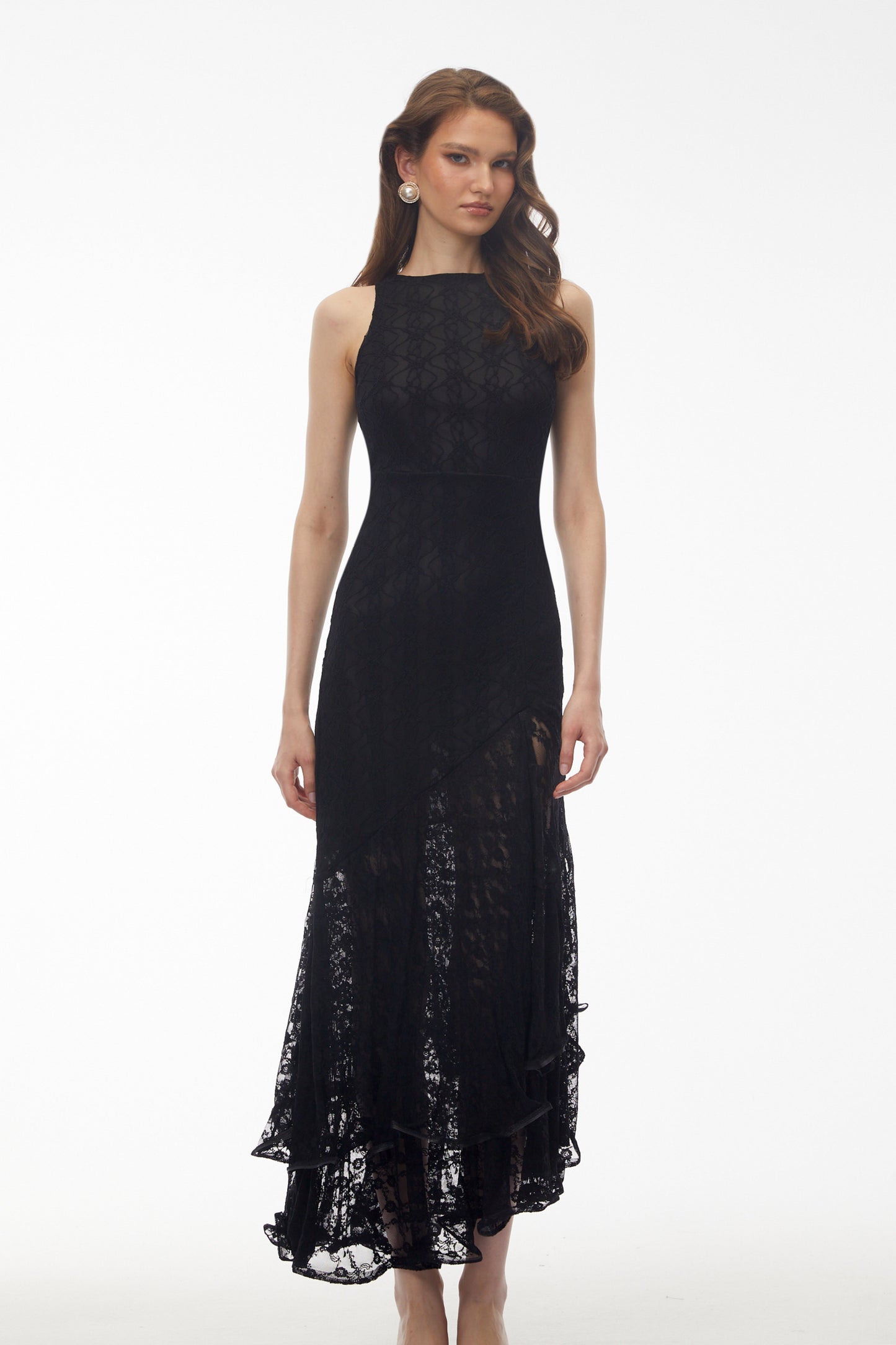 Jonah Black Lace Panel Ruffled Midi Dress