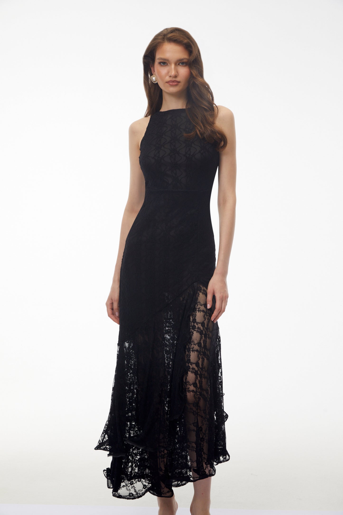 Jonah Black Lace Panel Ruffled Midi Dress