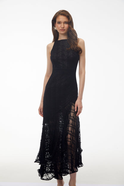Jonah Black Lace Panel Ruffled Midi Dress