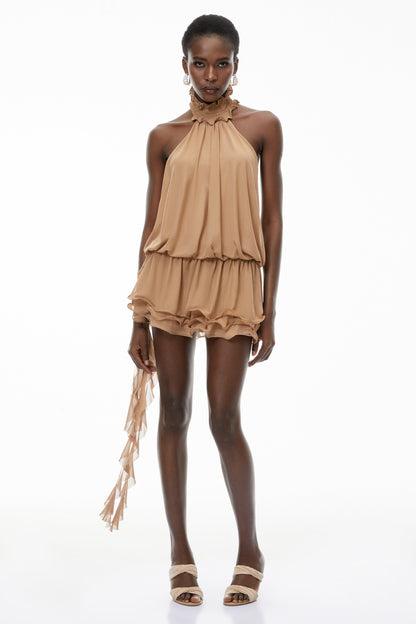 Josephine Khaki Halterneck Ruffled Mini Dress