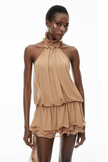 Josephine Khaki Halterneck Ruffled Mini Dress