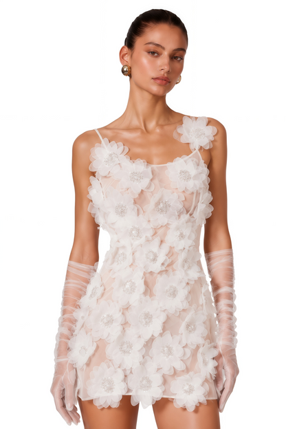 Josephine White Rhinestone Mini Dress with 3D Florals