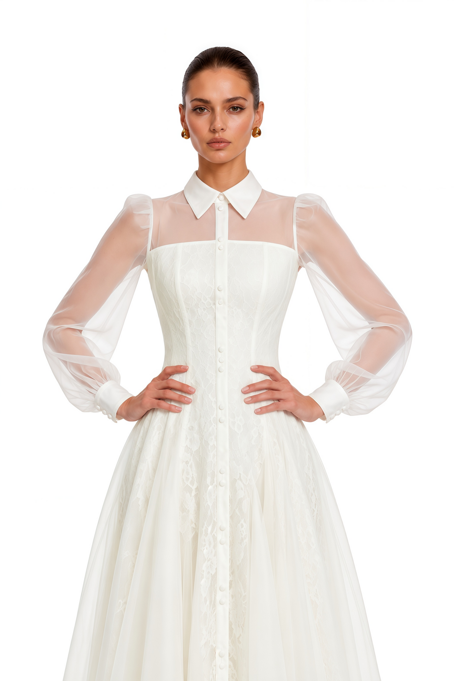 Jovanne White Collared Sheer Sleeve Lace Midi Dress