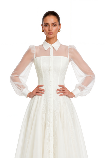 Jovanne White Collared Sheer Sleeve Lace Midi Dress